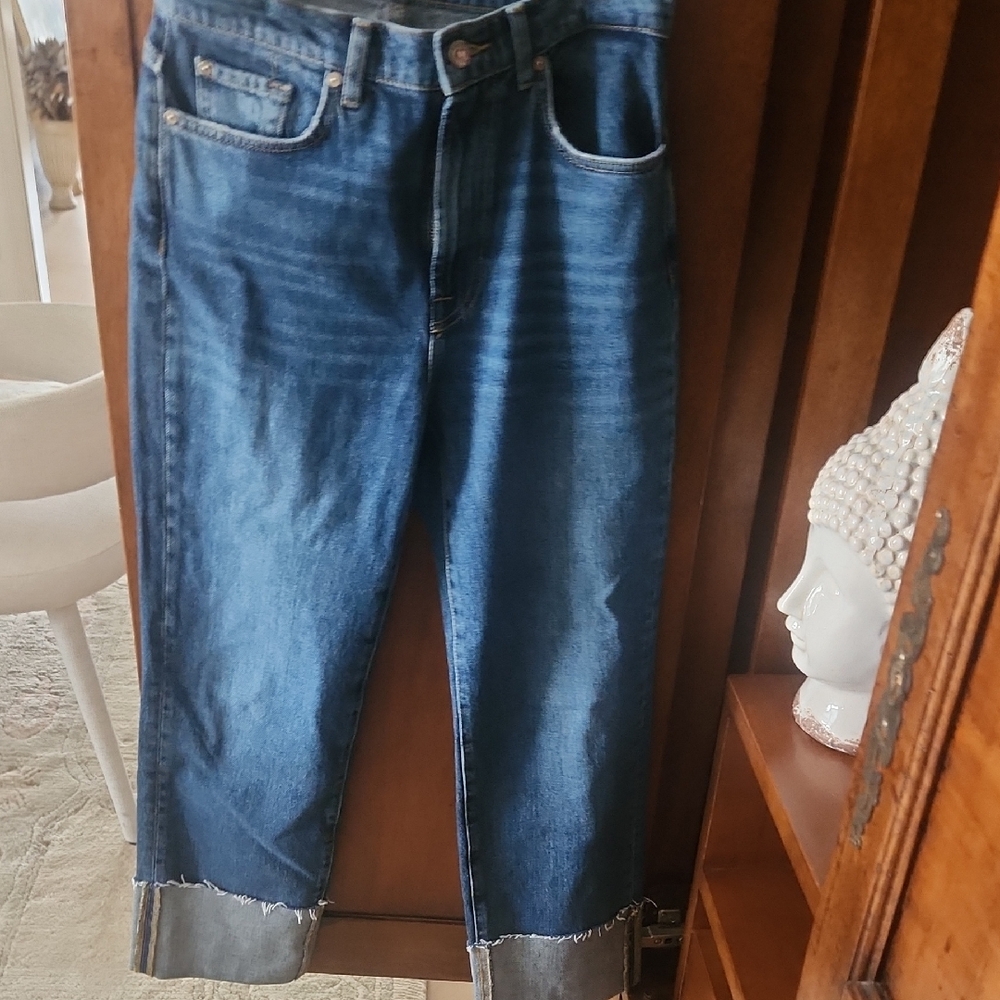 7 For Mankind Blue Denim Jeans with Frayed Hem